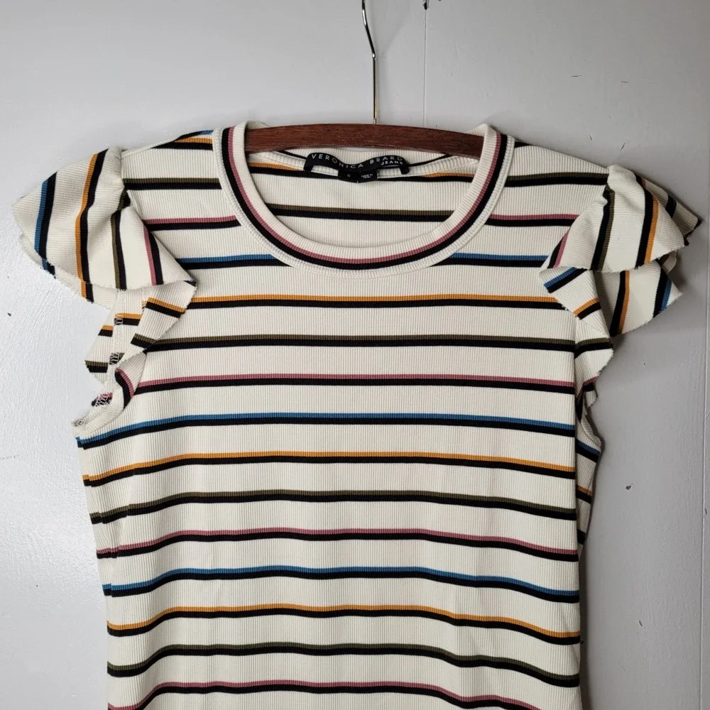 Veronica Beard Jean MultiColor Striped Ruffle Sleeve Ribbed Top Preppy Coastal S - Picture 6 of 15
